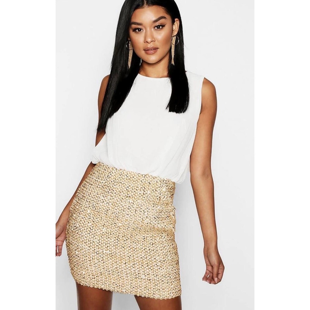 Chiffon Sequin Mini Dress NEW White Gold Blouson Party Cocktail Summer 8